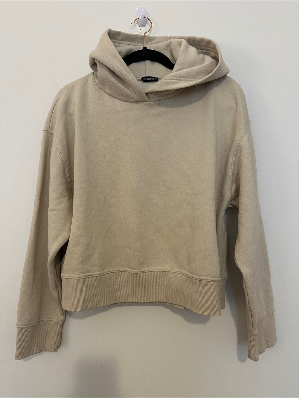 Zara Cropped Drop Shoulder Relaxed Fit Hooded Sweatshirt Hoodie in Nude